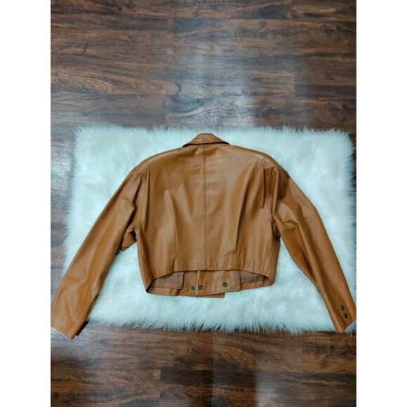 Santa Caterina Leather Long Sleeve Shawl Cropped Biker Jacket Tan Women's Size M - Picture 8 of 11